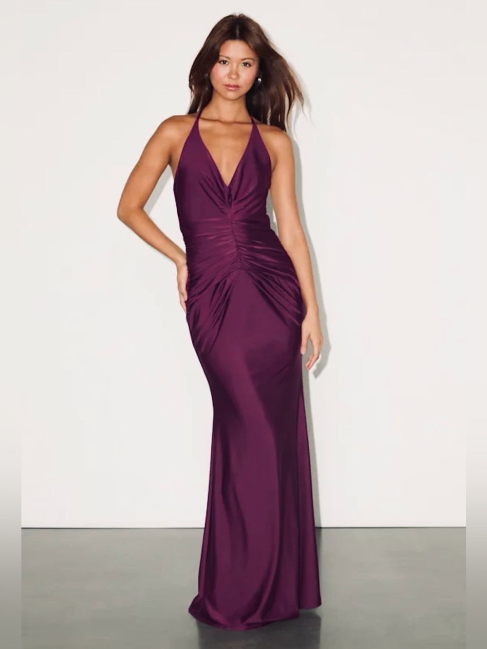 Zaniya Lulu's Plum Ruched Halter Open Back Evening Gown Medium